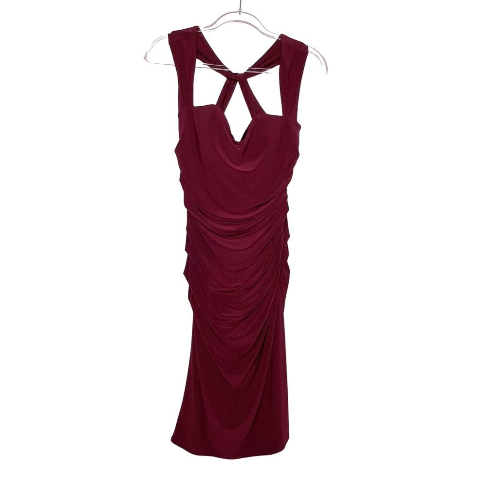 LAUNDRY by SHELLI SEGAL Halter Ruched Bodycon Dress Knee Length Burgundy Size 8